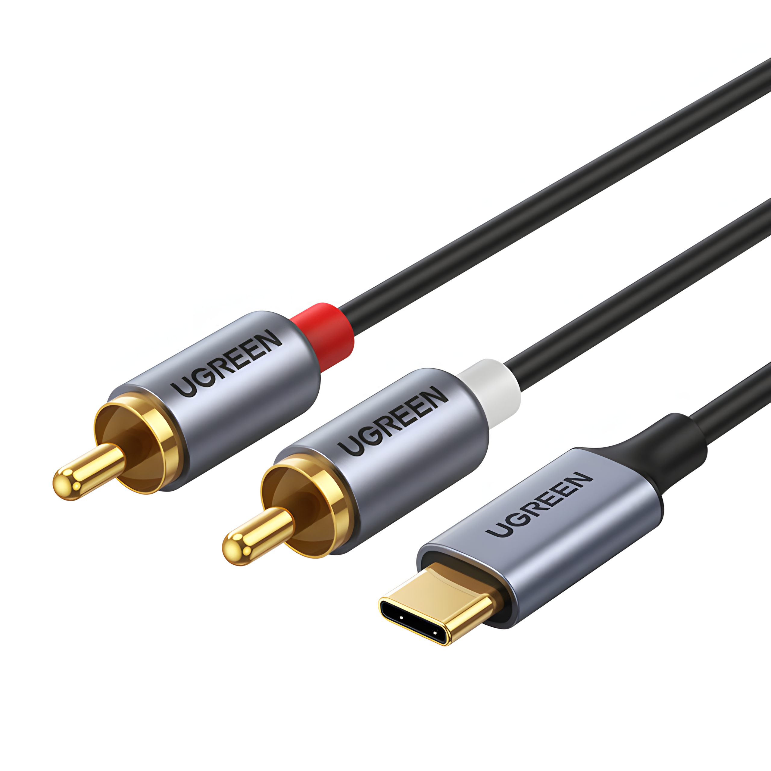 Kabel UGREEN z jednym złączem USB-C i dwoma złączami RCA.