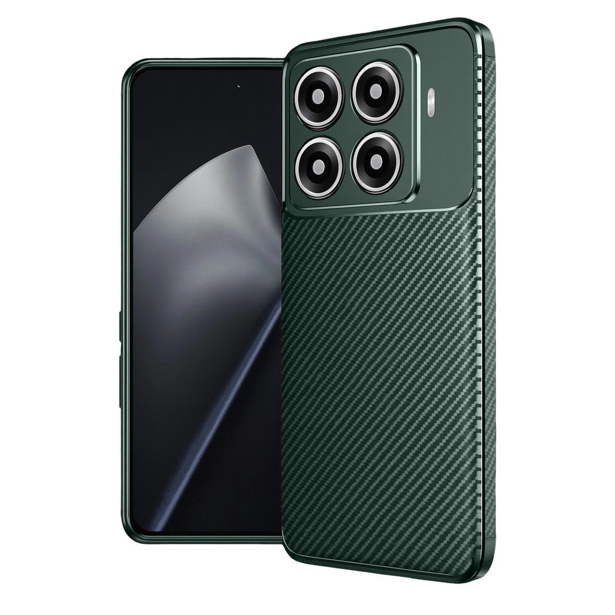 Arkada dört kamerası ve karbon fiber dokusu olan koyu renkli bir akıllı telefon.
