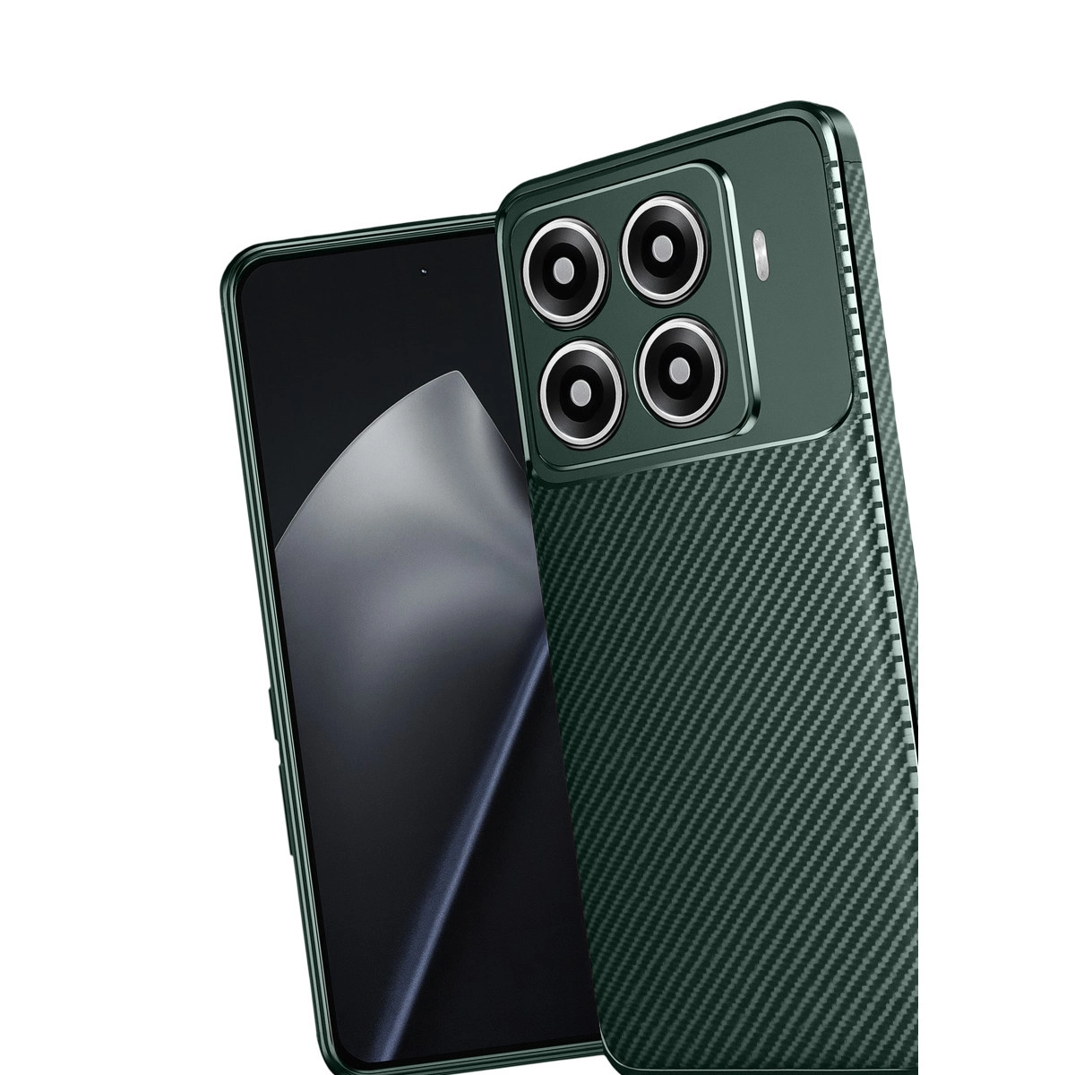 Dört kameralı koyu yeşil telefon ve karbon fiber desenli kılıf.