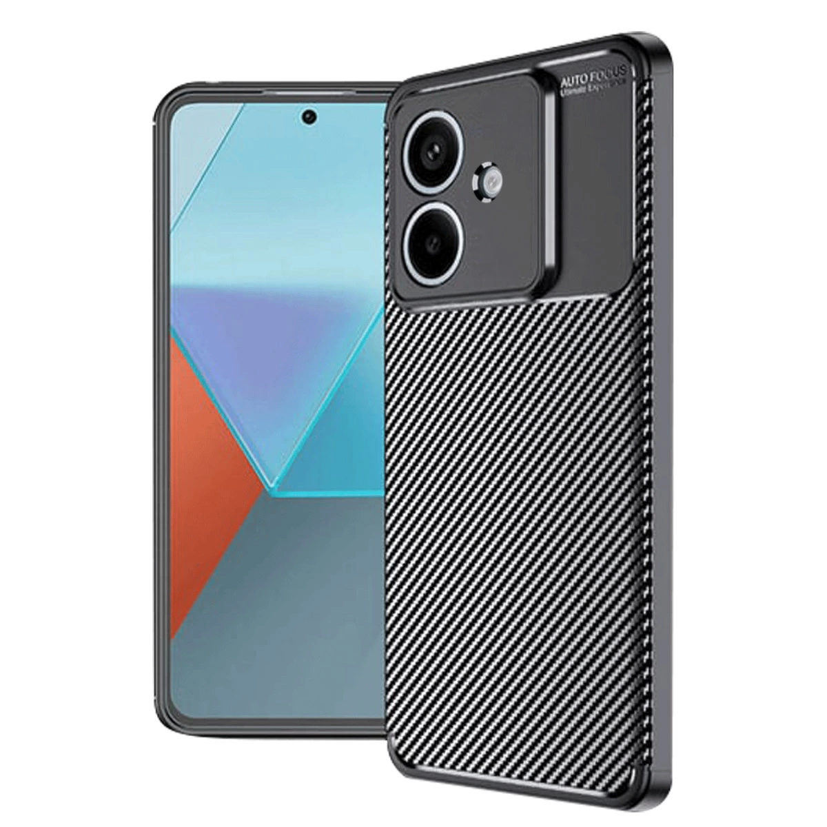 Çift kameralı siyah dokulu telefon kılıfı bir akıllı telefonun yanında gösteriliyor.