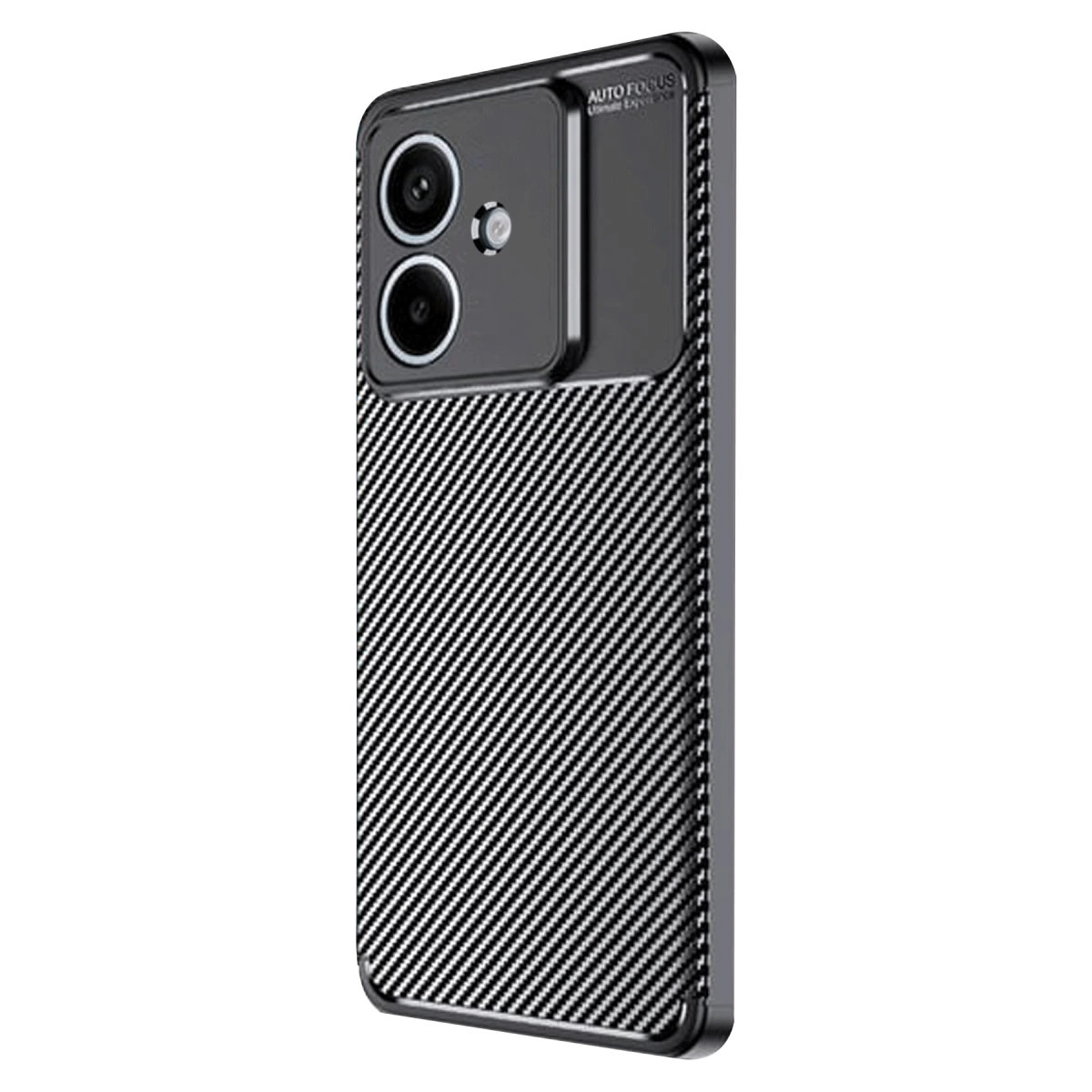 Karbon fiber desenli, çift lensli siyah telefon kılıfı.