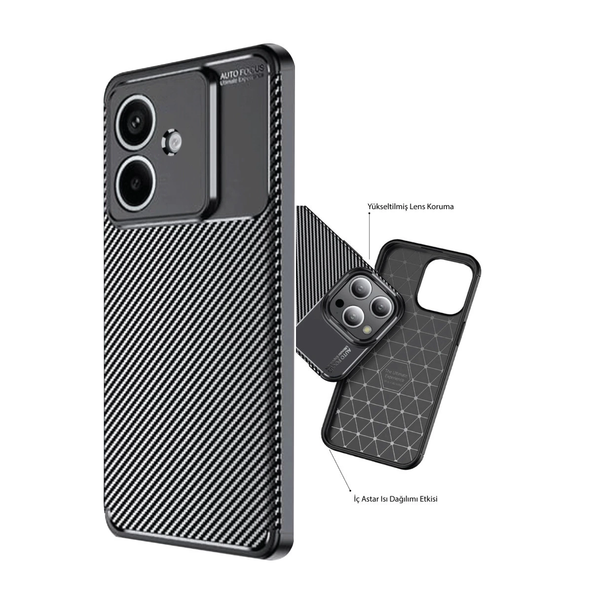 Karbon fiber desenli, üçlü kamera kesimli siyah telefon kılıfı.