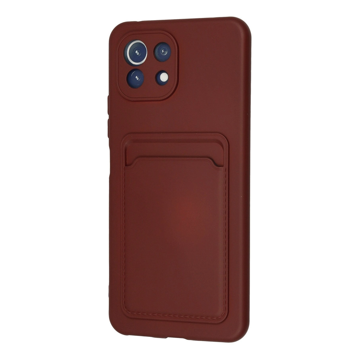 Arka yüzünde kart yuvası ve kamera lensleri bulunan kırmızı telefon kılıfı.