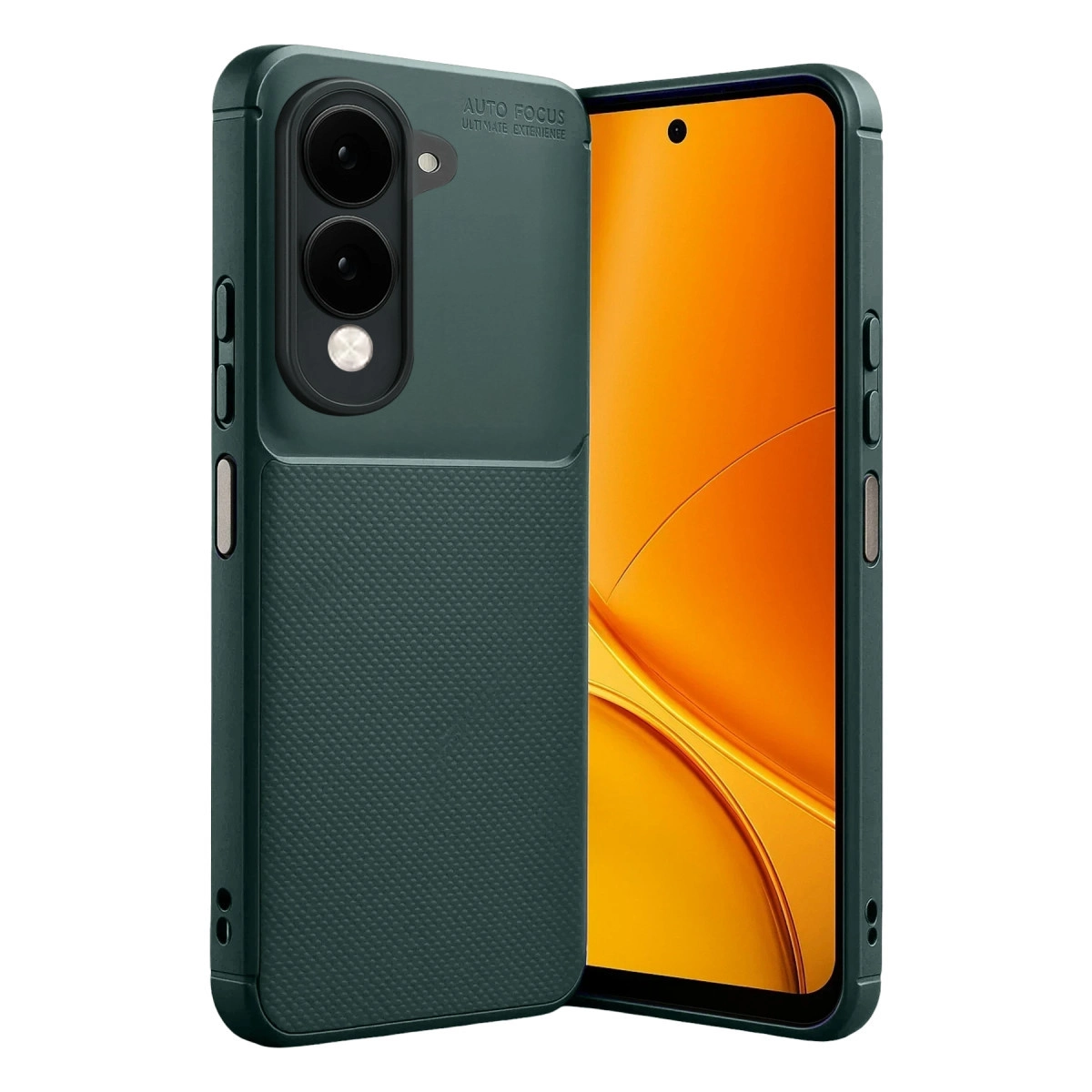 Doku kaplı arka ve kamera kesimli koyu yeşil telefon kılıfı, bir telefonun yanında gösteriliyor.
