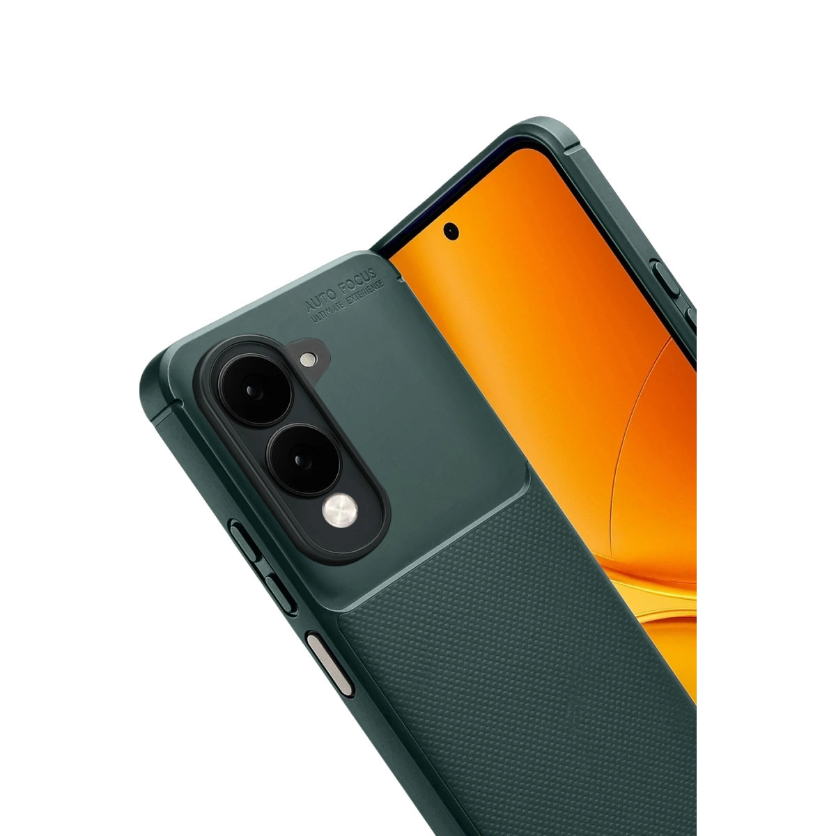 İki kamera lensli ve dokulu tutuşlu koyu yeşil telefon kılıfı.