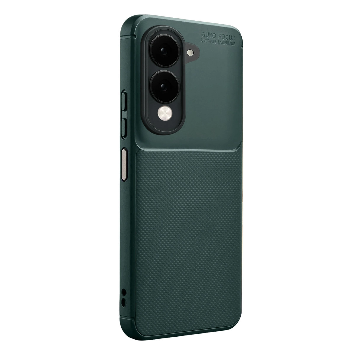 Kamera sistemli ve dokulu tutuşlu koyu yeşil telefon kılıfı.