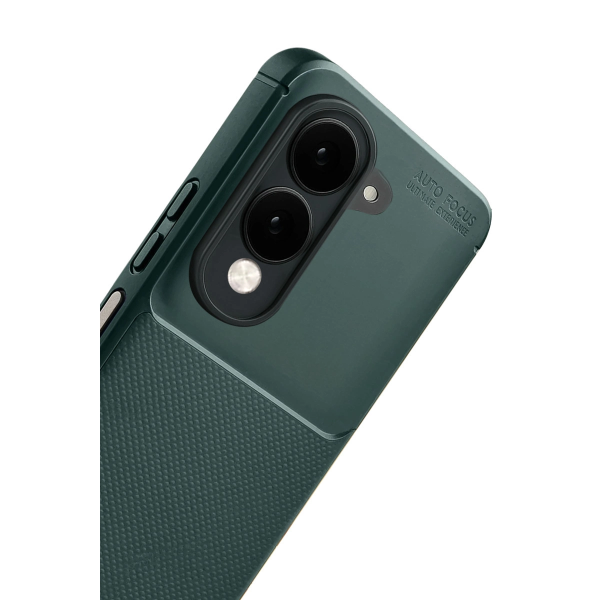 Çift dokulu ve kamera modüllü koyu yeşil telefon kılıfı.