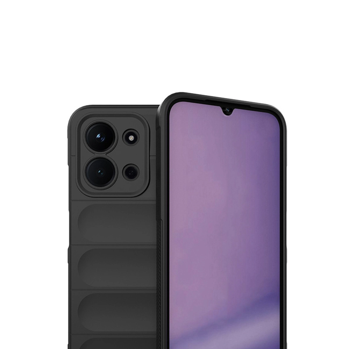 Kamera kesimli ve mor ekranlı siyah telefon kılıfı.