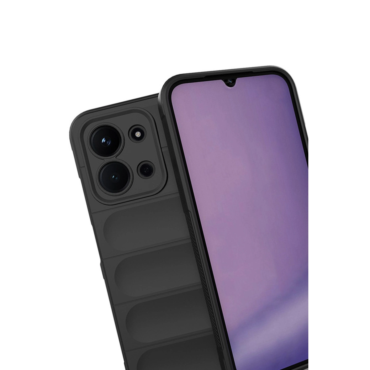 Kamera düzeneği ve mor ekrana sahip siyah telefon kılıfı, beyaz arka plan.