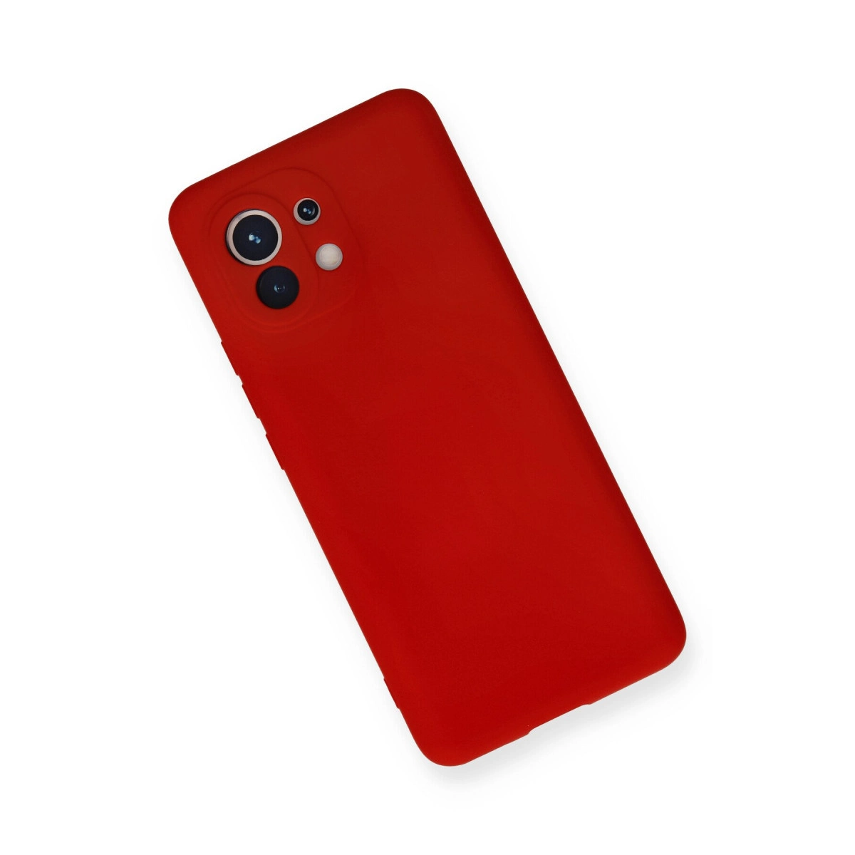Kamera modüllü kırmızı telefon kılıfı, beyaz arka planda.