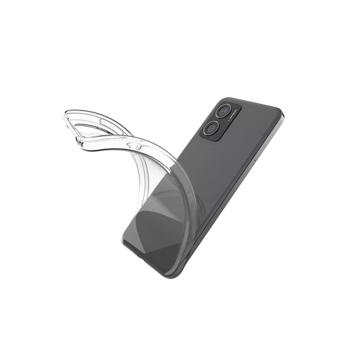 Şeffaf telefon kılıfı koyu renkli bir akıllı telefonun üzerinde bükülüyor.