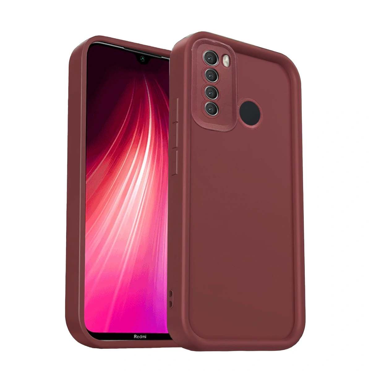 Dört kameralı ve parmak izi sensörlü kırmızı akıllı telefon, beyaz zeminde.