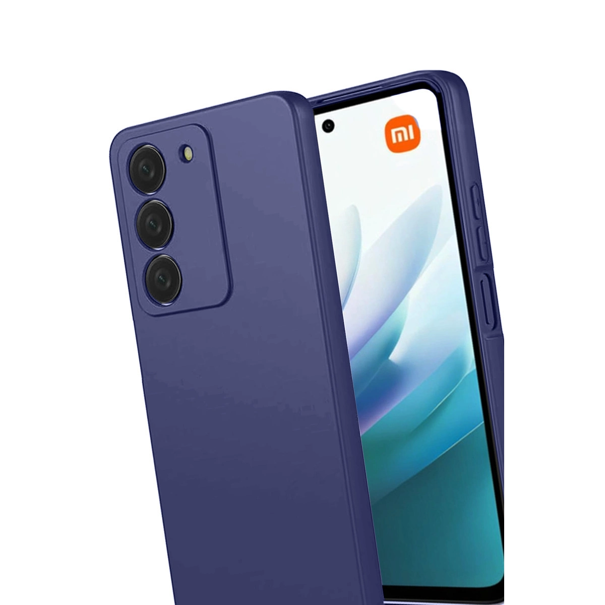Koyu mavi telefon kılıfı, ekranda Mi logosu bulunan bir akıllı telefonu kaplıyor.