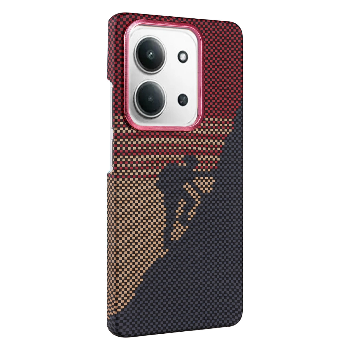 Kareli desenli ve kamera modüllü bir akıllı telefon.