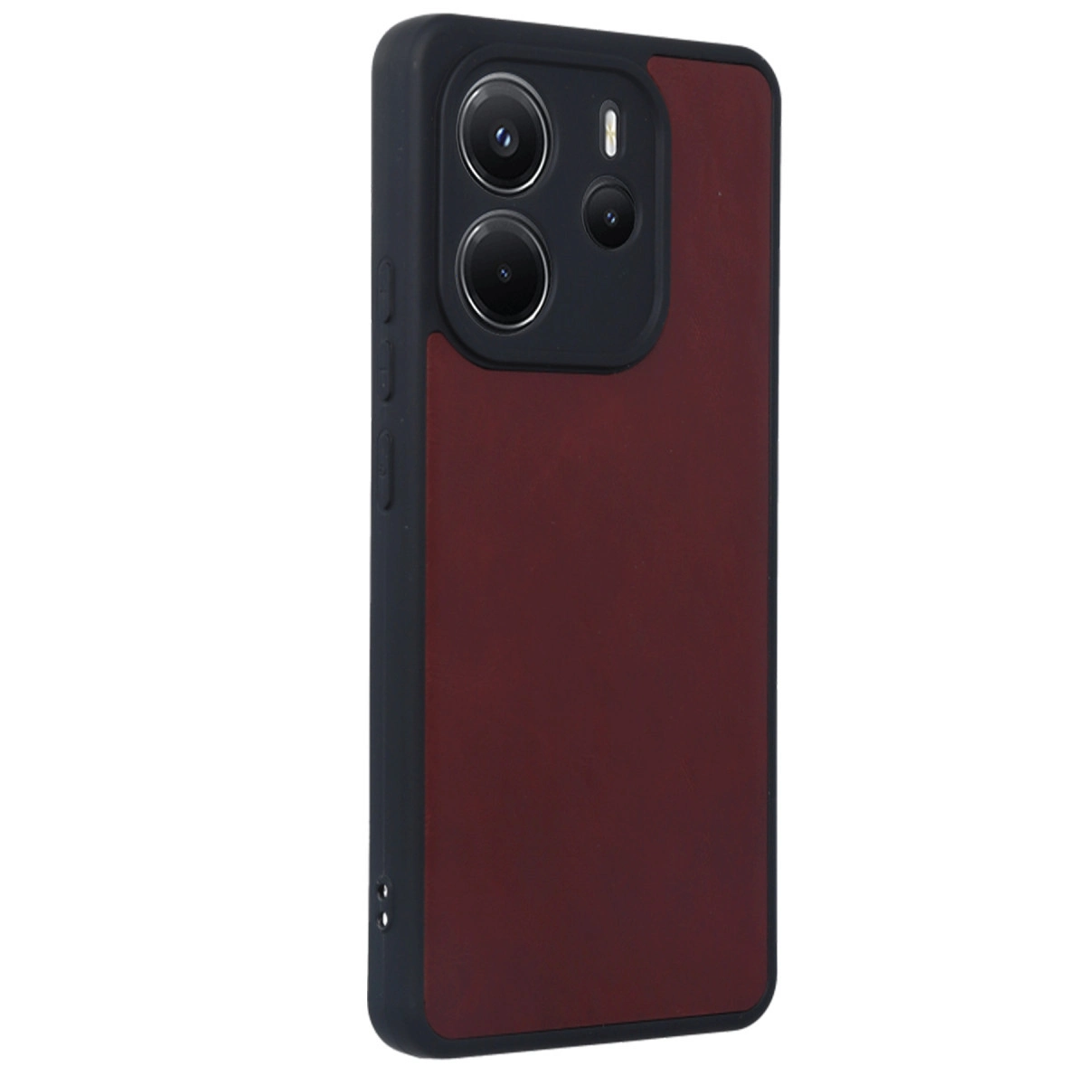 Siyah çerçeveli ve kamera modüllü koyu kırmızı telefon kılıfı.