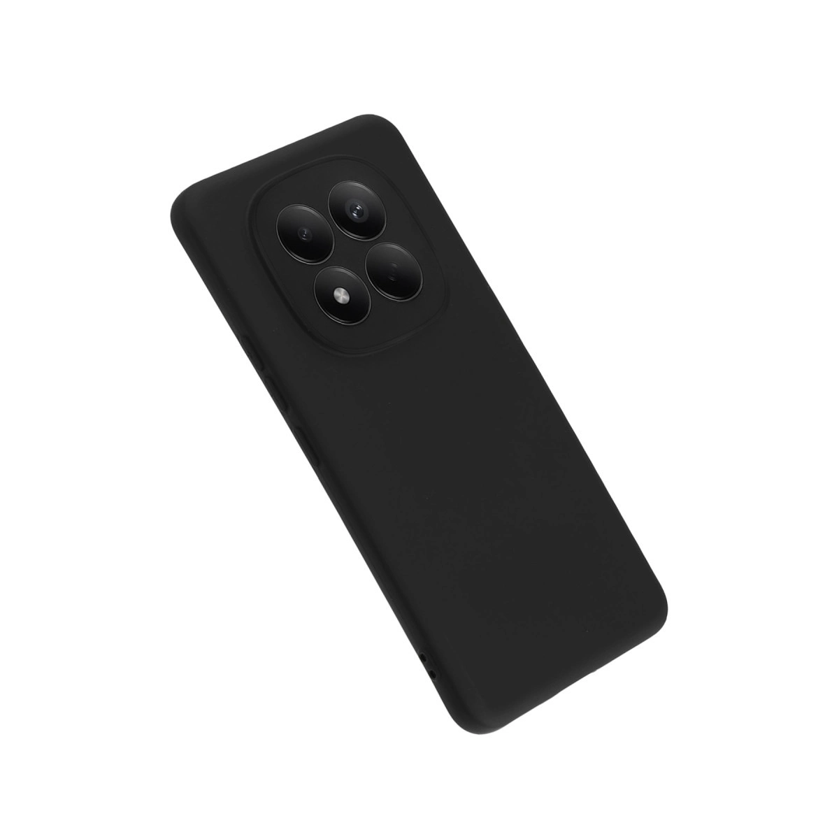 Arkada dört kamerası olan siyah akıllı telefon, beyaz arka planda.