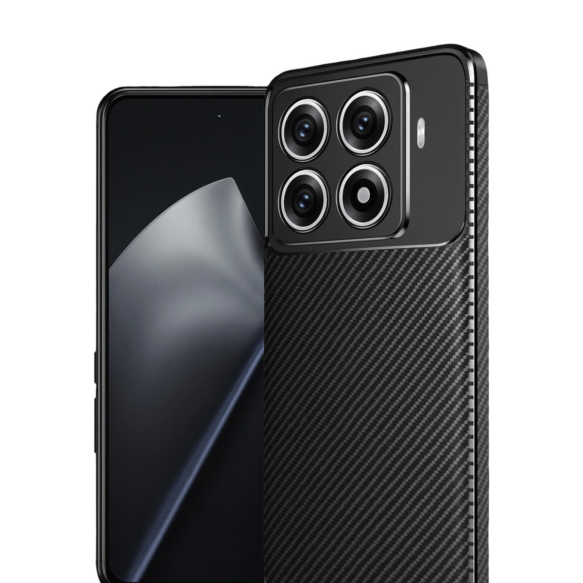 Dörtlü kameraya ve karbon fiber dokulu kılıfa sahip siyah akıllı telefon.