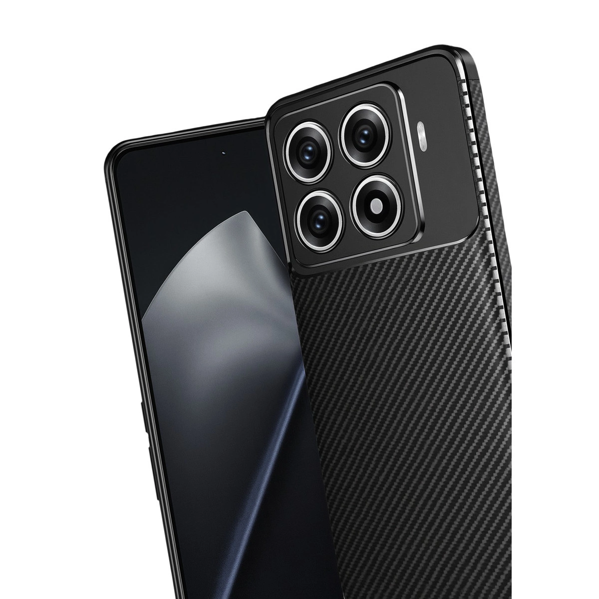 Karbon fiber desenli, dört arka kameralı siyah akıllı telefon.