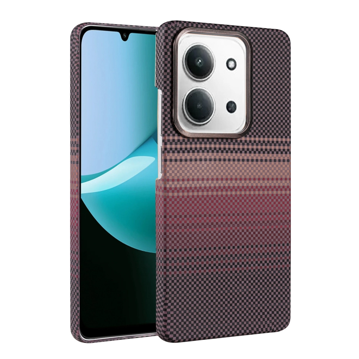 Belirgin kamera modülüne sahip ekose desenli kılıflı cep telefonu.