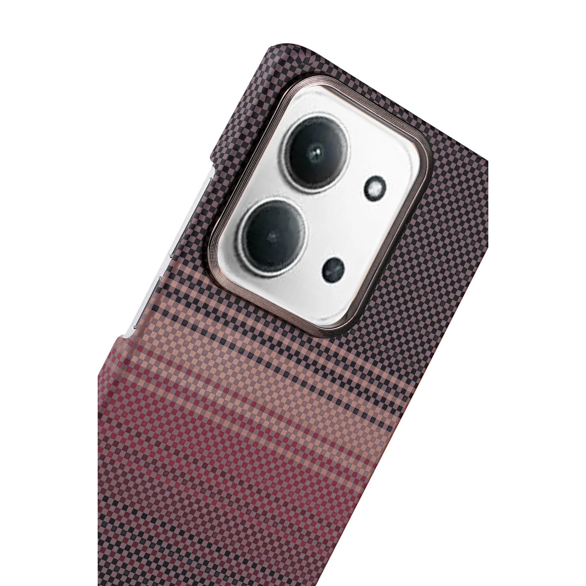 Kırmızı ve kahverengi tonlarda kareli desenli ve kamera modüllü bir akıllı telefon.