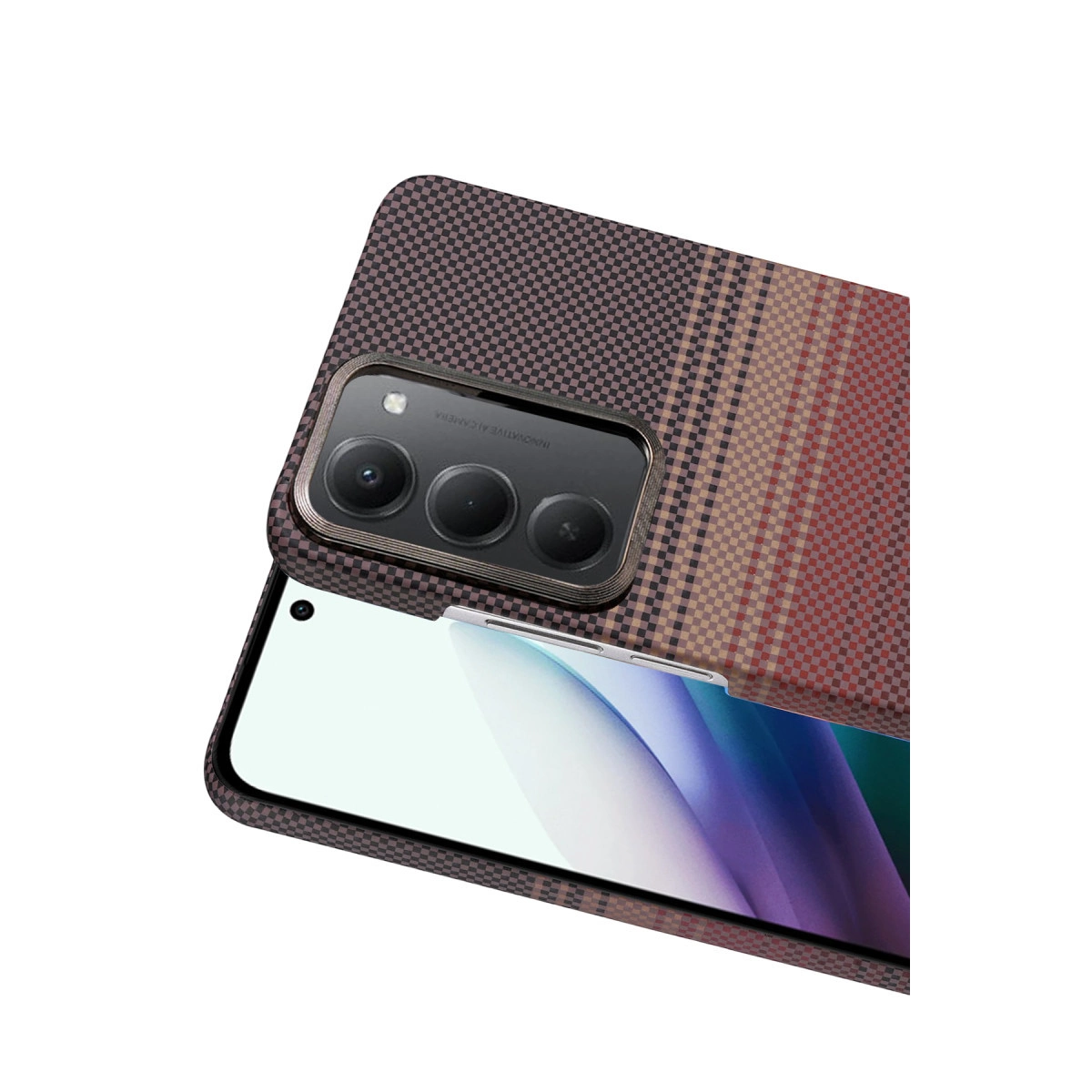 Kareli ve çizgili desenli bir akıllı telefon.
