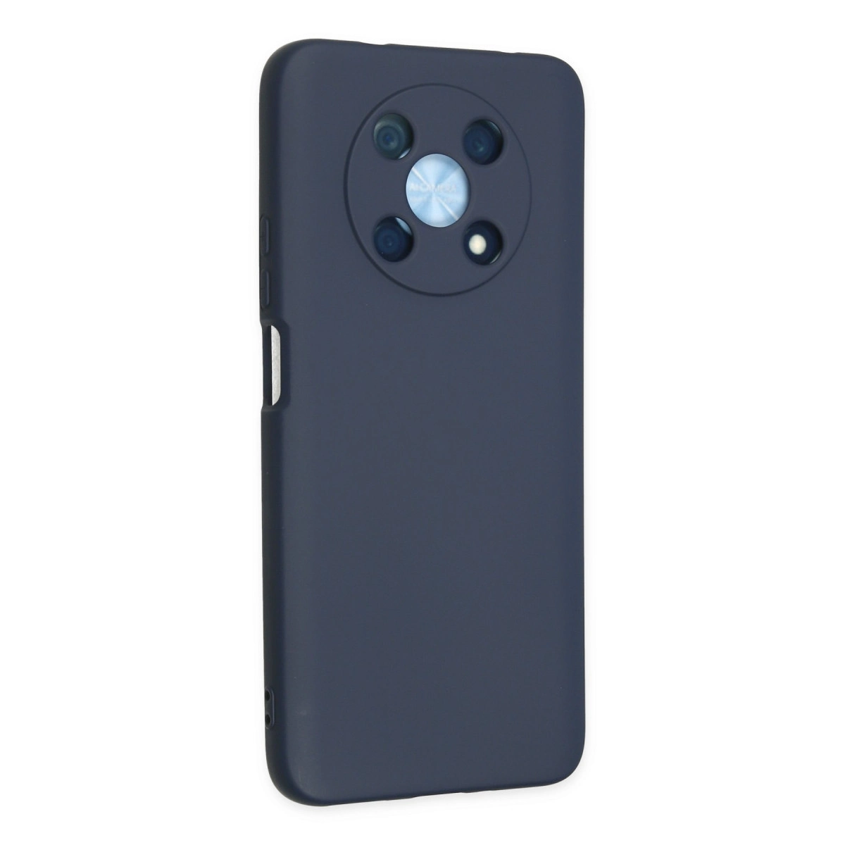 Yuvarlak kamera lensli lacivert telefon kılıfı, beyaz arka plan üzerinde.