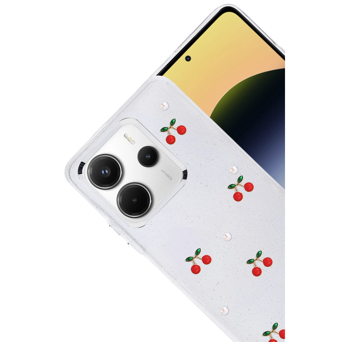 Kiraz ve inci desenli beyaz telefon kılıfı. Kamera görünür durumda.