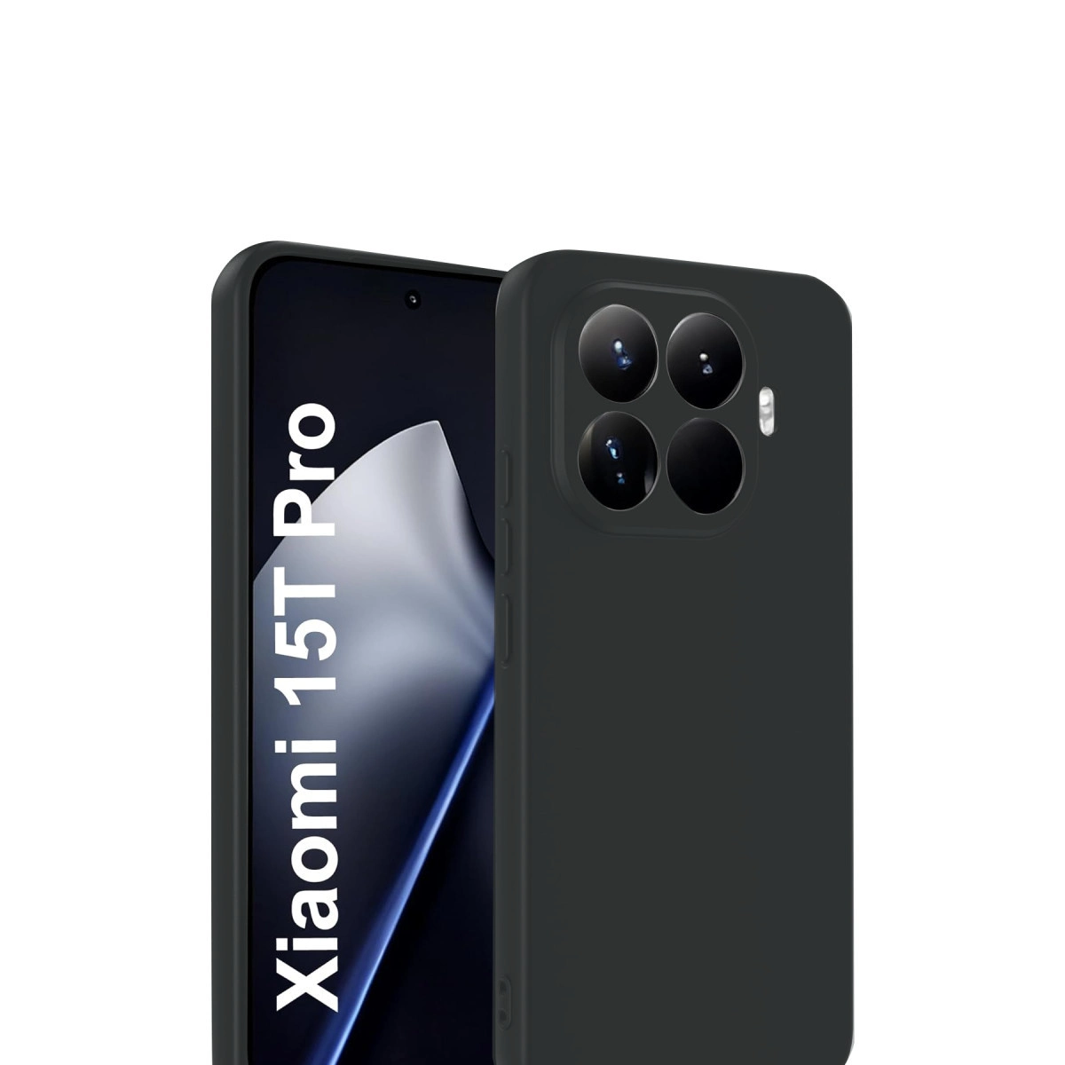 Arkada dört kamera lensi bulunan siyah telefon kılıfı, bir akıllı telefonun yanında.