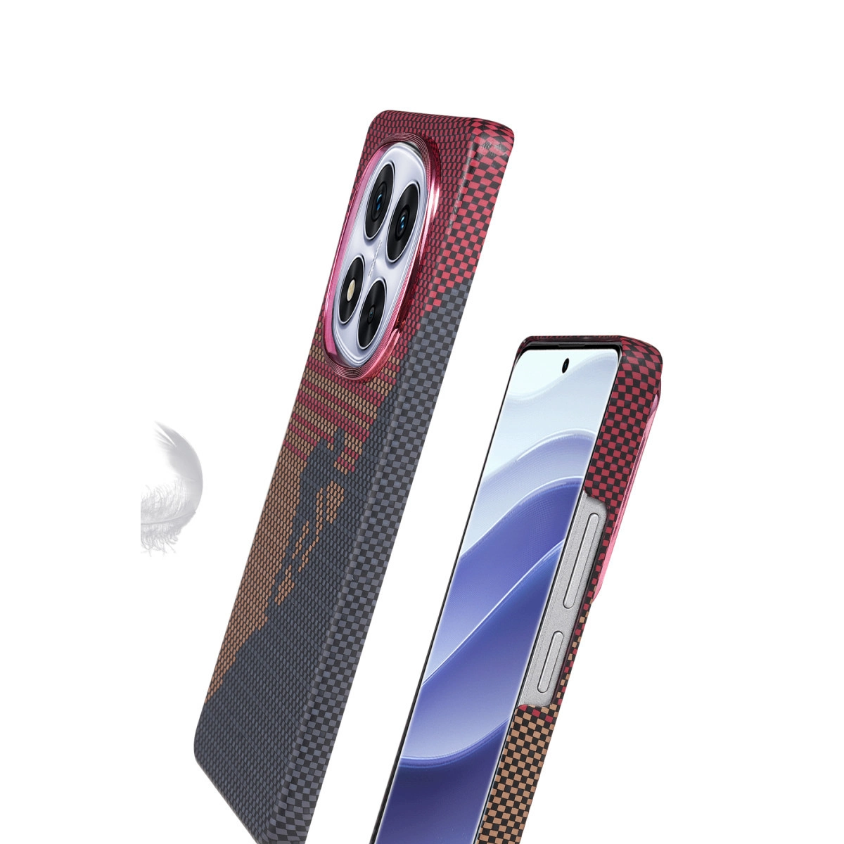 Kareli desenli iki telefon kılıfı, biri lensleri, diğeri ekranı gösteriyor.