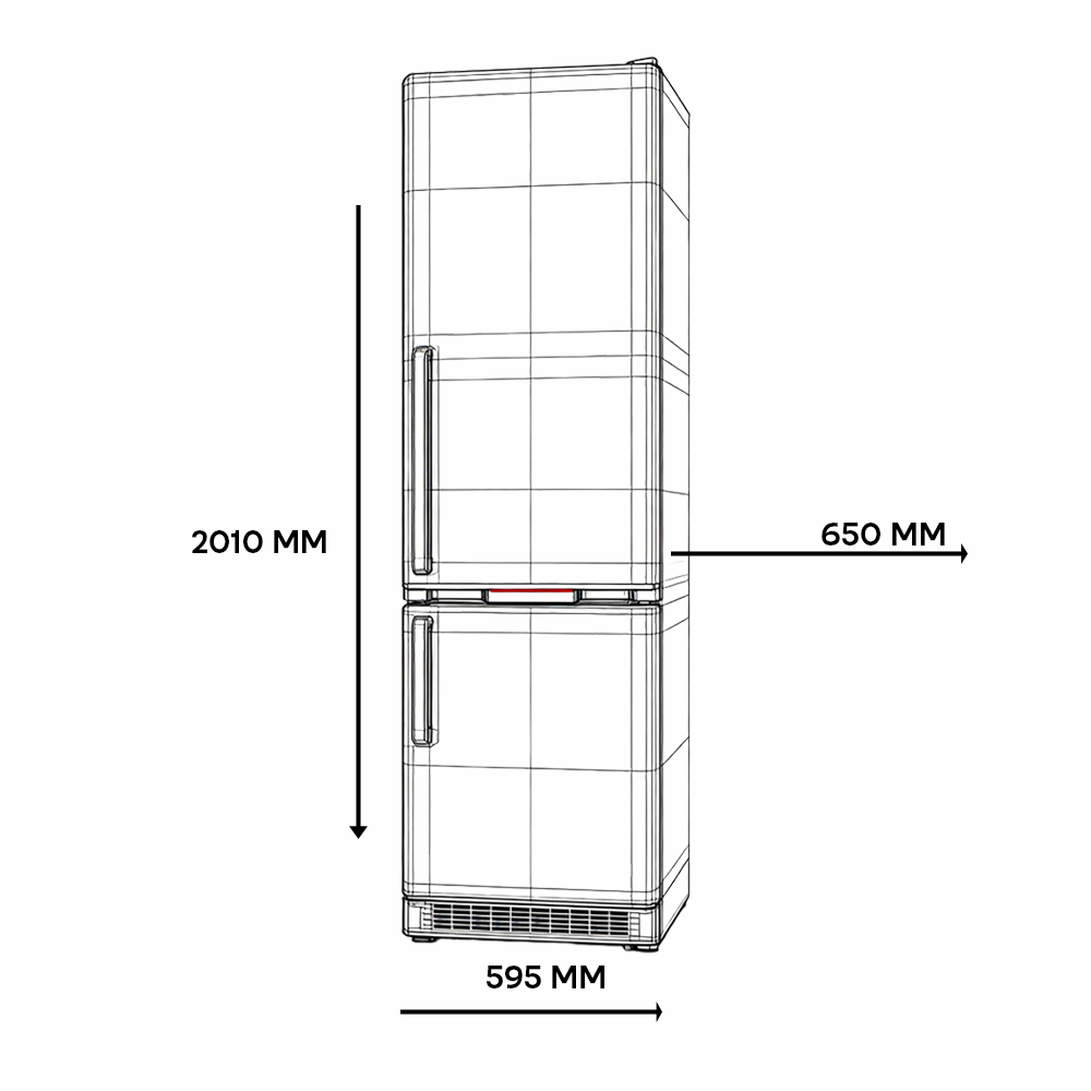 A refrigerator with a freezer compartment, 2010mm high, 650mm deep, and 595mm wide.
