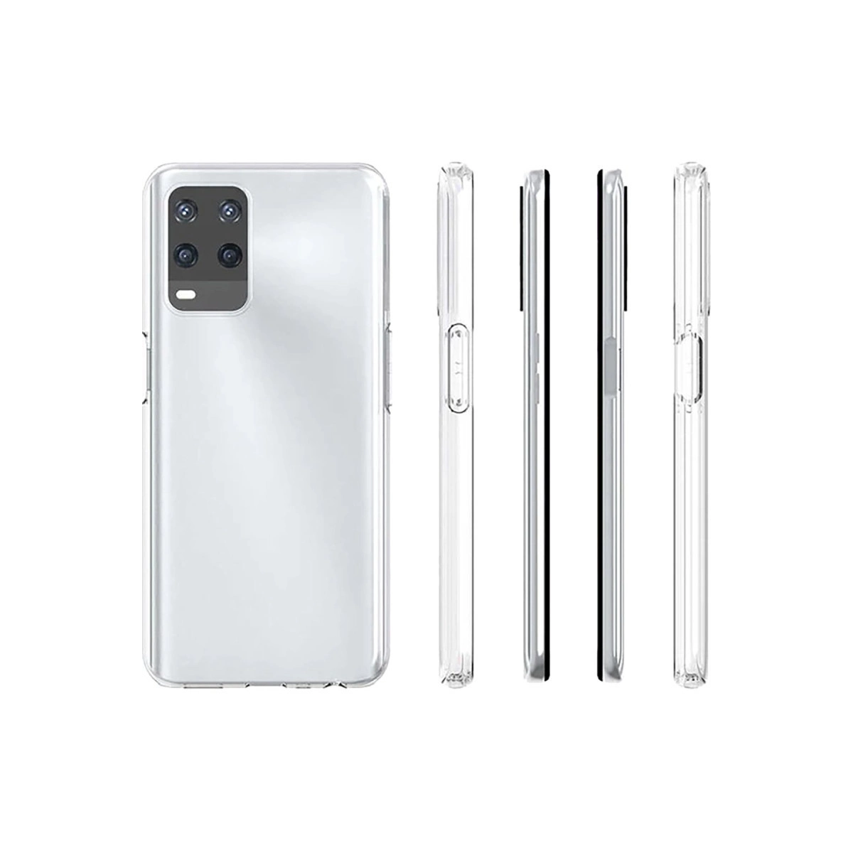 Arkada dört kameralı şeffaf telefon kılıfı ve yan görünümler.