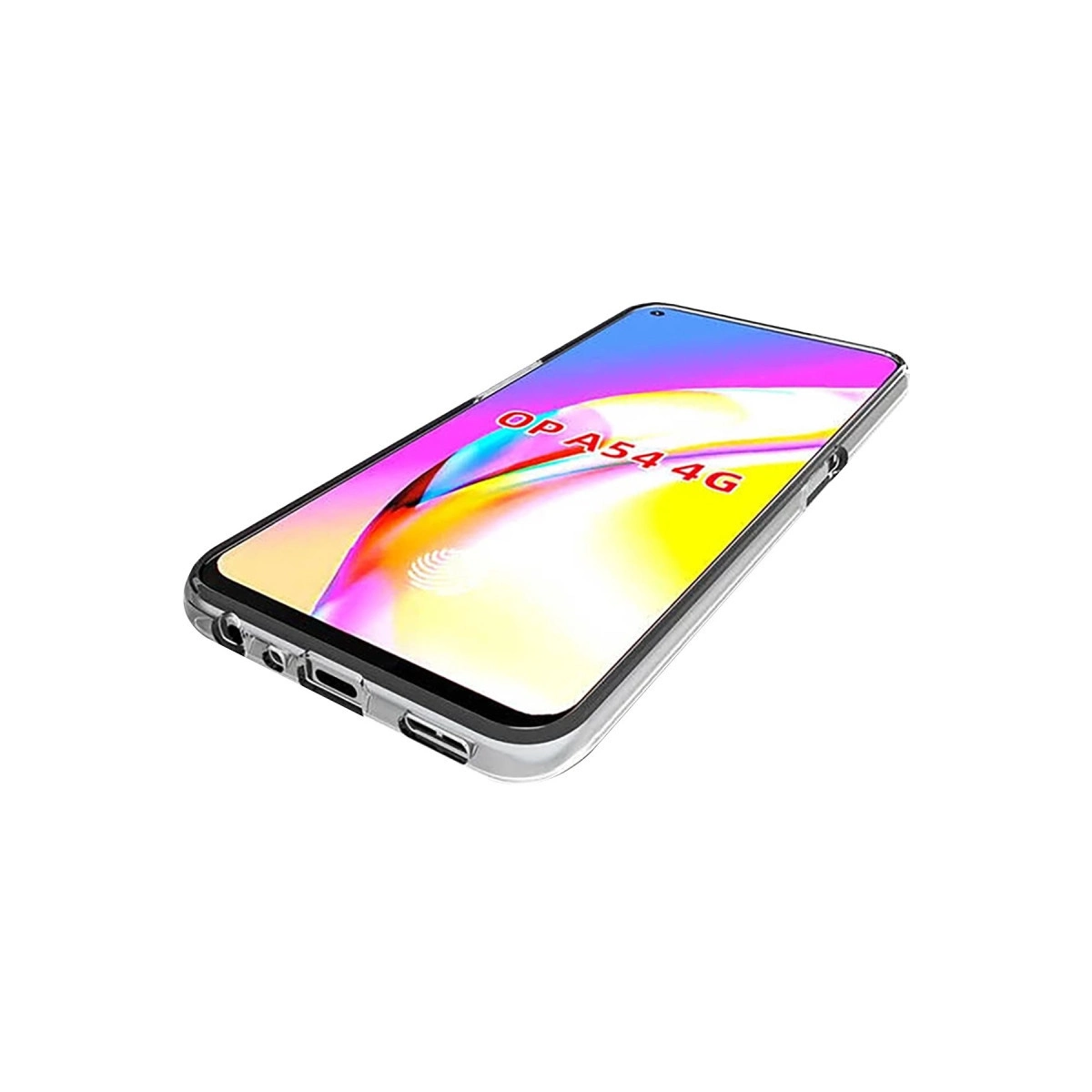 OP A54 4G yazılı renkli arka plana sahip bir akıllı telefon.