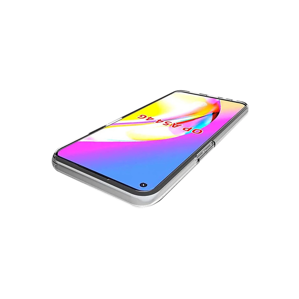 Şeffaf kılıflı ve ekranında renkli duvar kağıdı olan bir akıllı telefon.