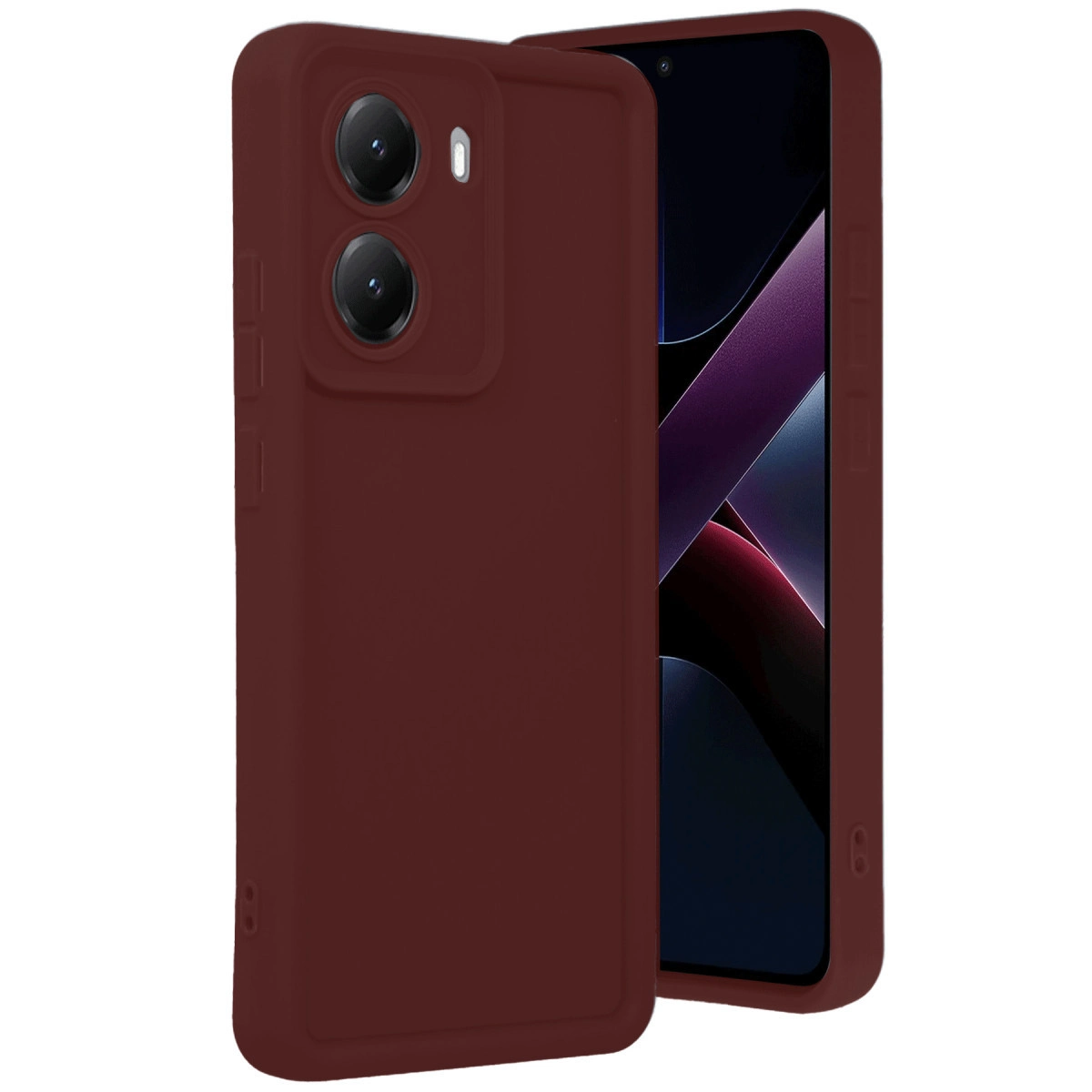 Arkada iki kamerası olan bordo renkli telefon kılıfı.