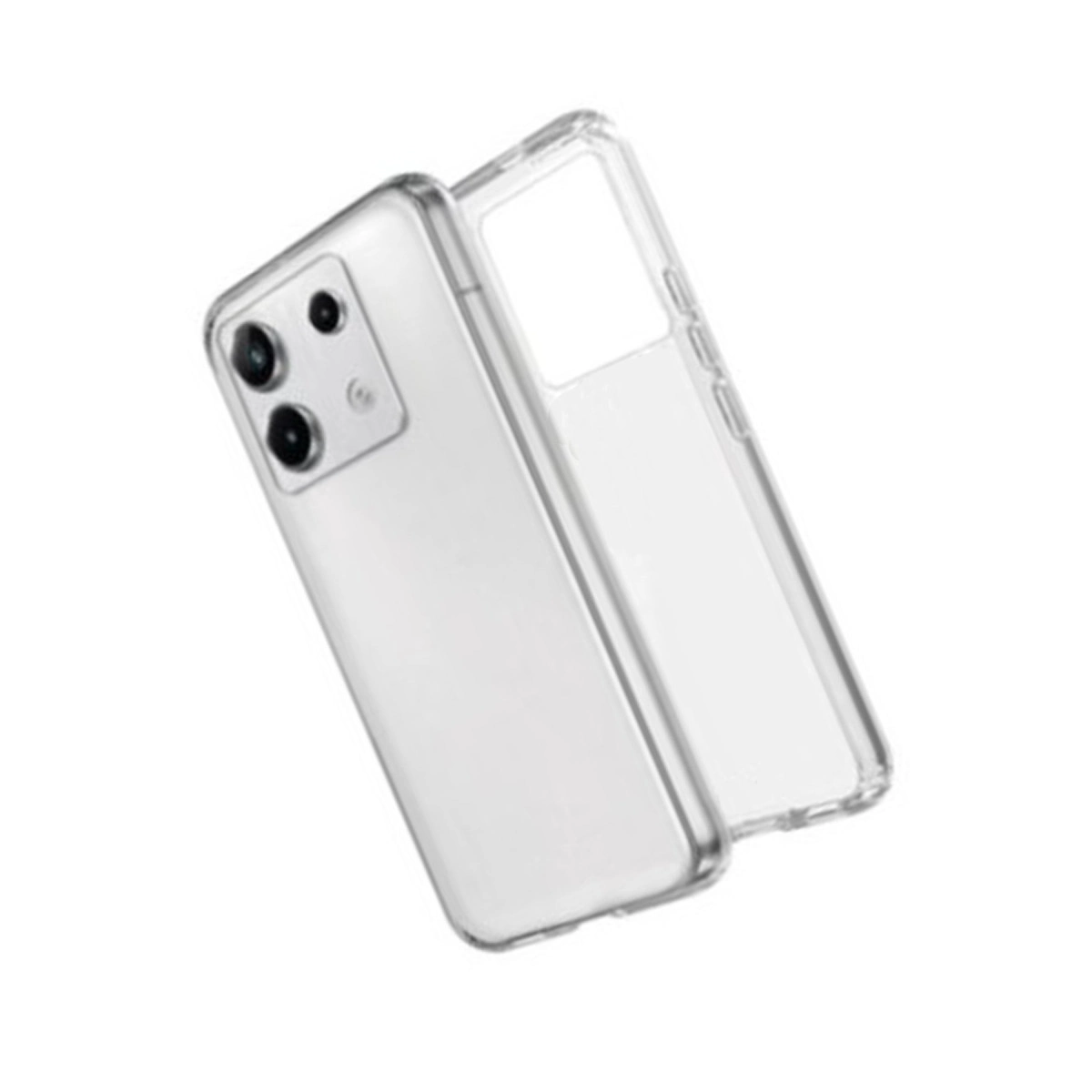 Şeffaf telefon kılıfı beyaz zeminde çapraz olarak duruyor.