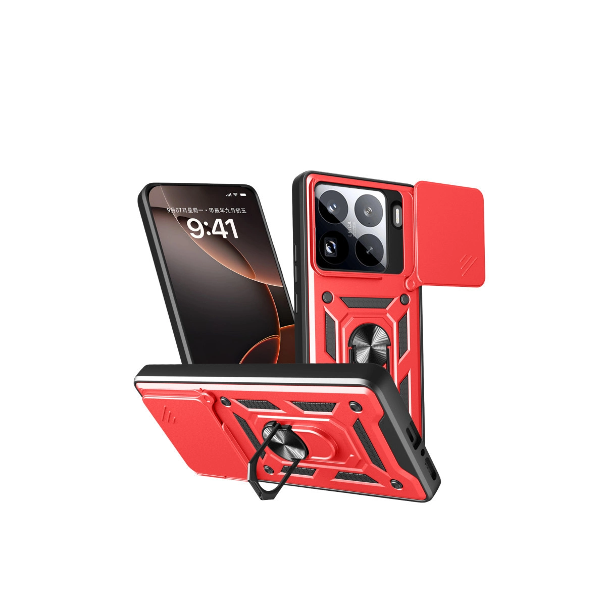Kamera kapağı ve halka tutuculu kırmızı telefon kılıfı, akıllı telefonun yanında.