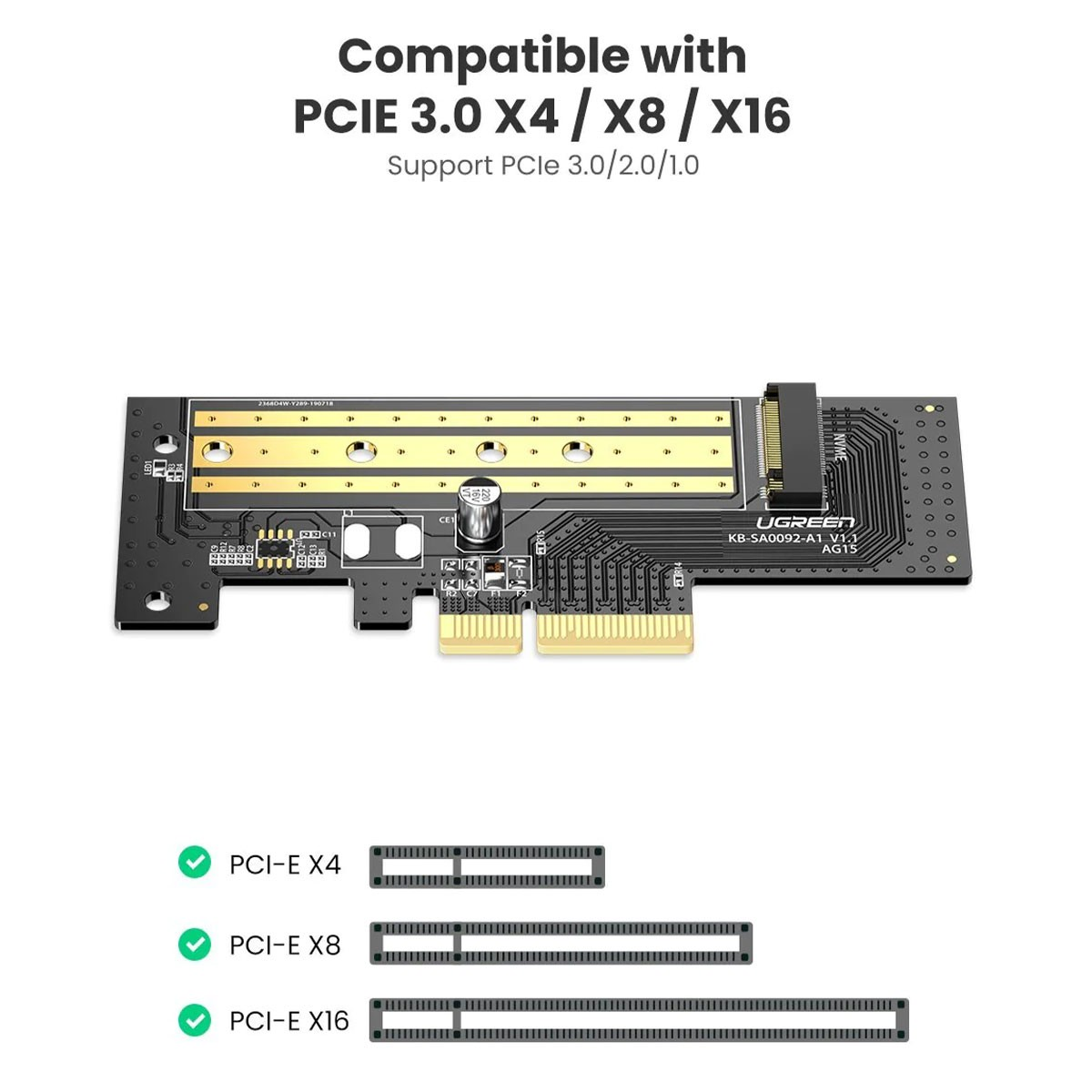 Un adattatore PCIe nero con connettori e etichette argentate. Sotto, tre diverse dimensioni di slot.