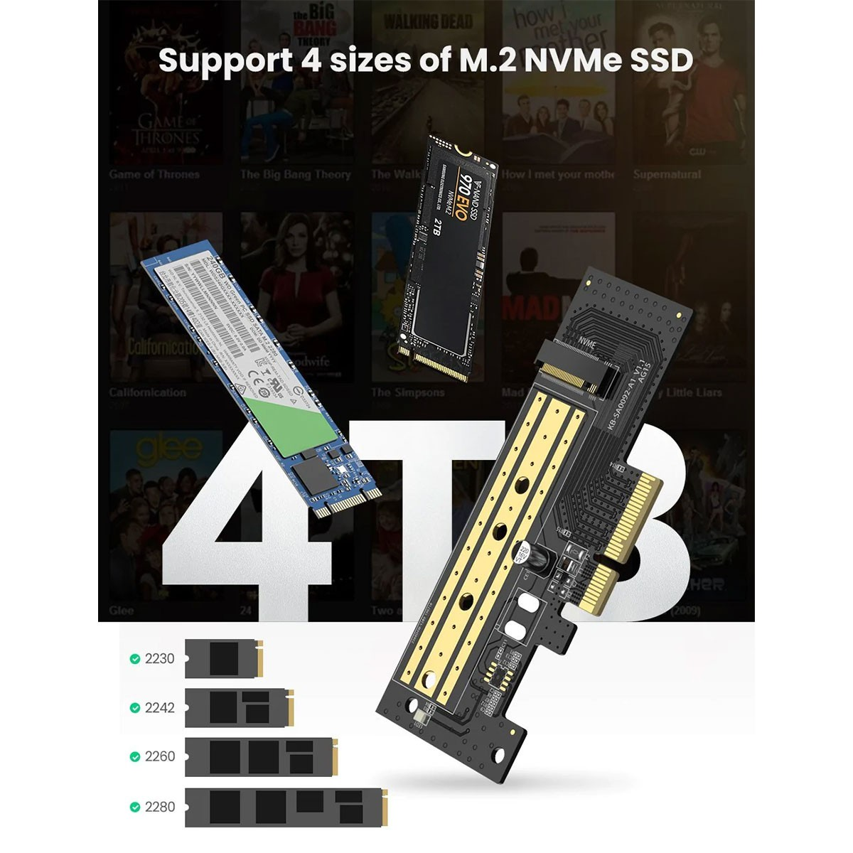 Scheda adattatore SSD M.2 NVMe che supporta quattro dimensioni: 2230, 2242, 2260, 2280.