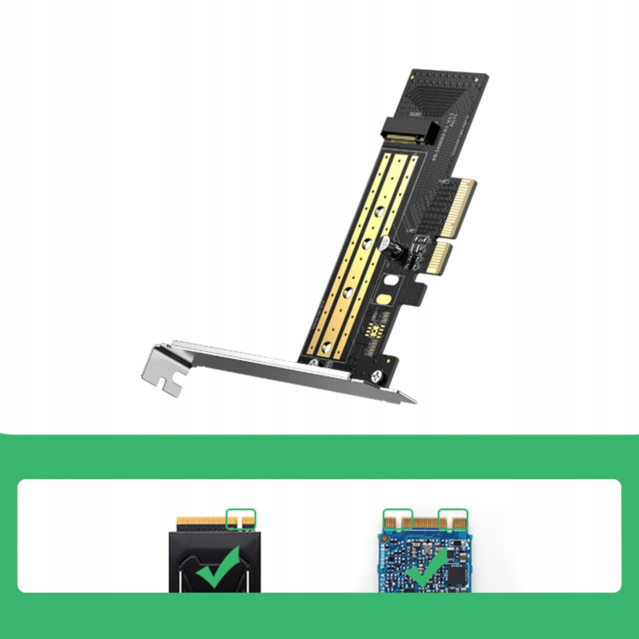 Una scheda di circuito con contatti dorati e chip, montata su una staffa argentata.