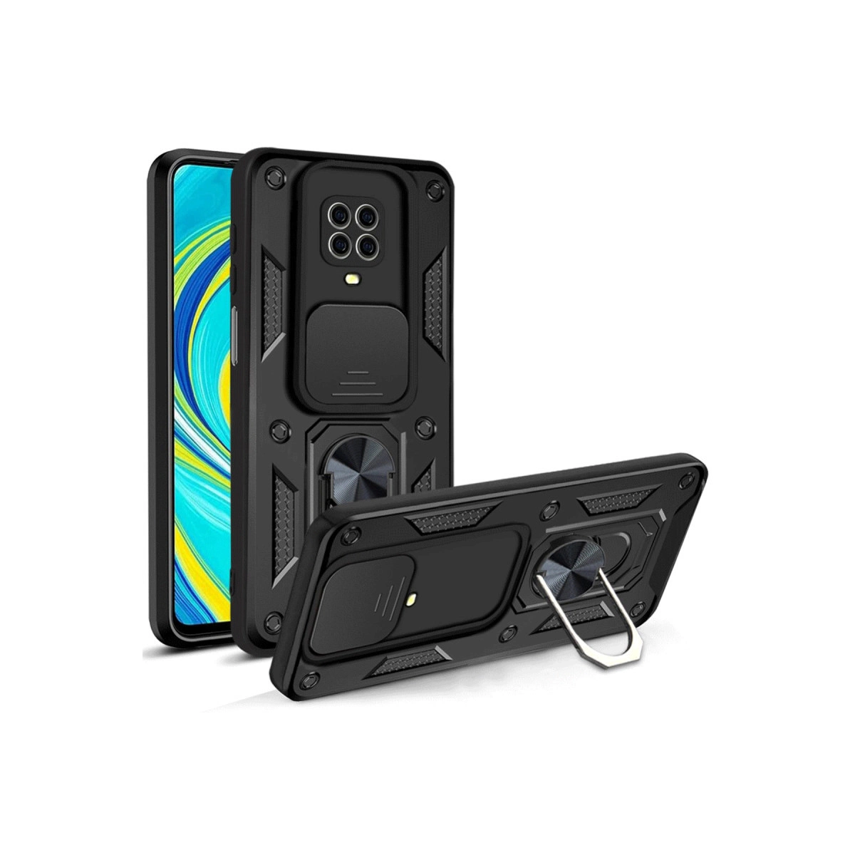 Halka tutuculu ve kamera kapaklı iki siyah telefon kılıfı.