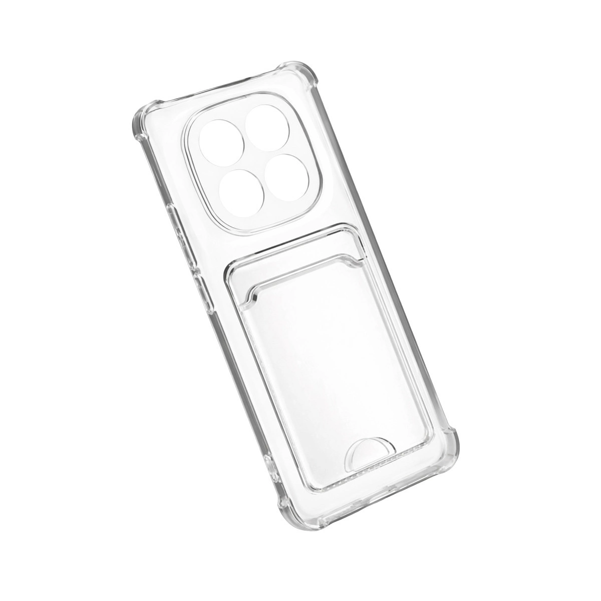 Dört kamera kesimli ve kart bölmeli şeffaf telefon kılıfı.