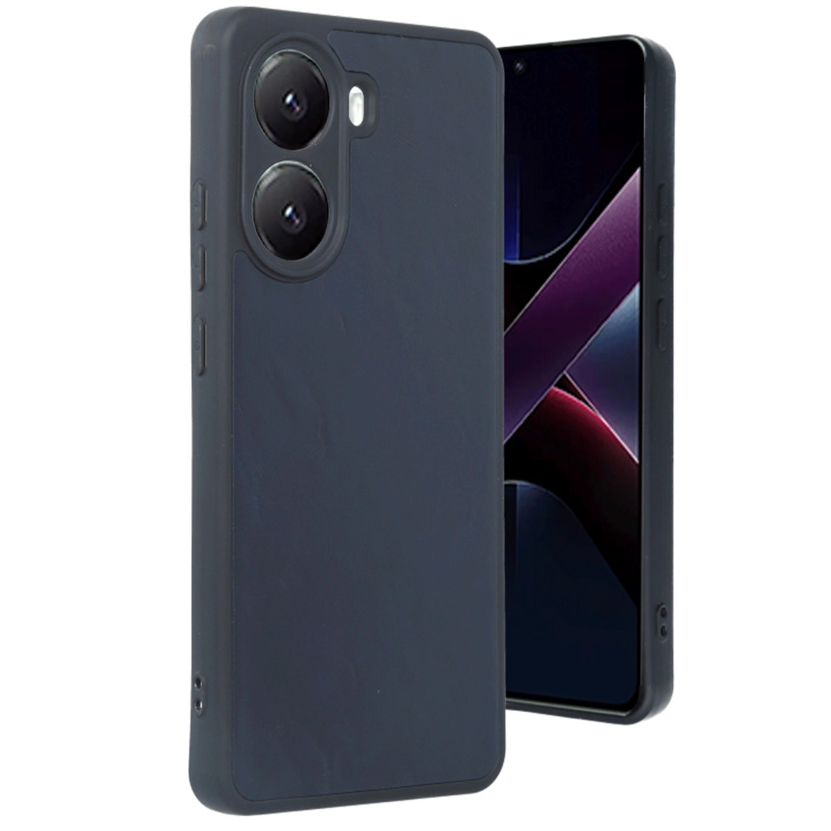 İki kameralı koyu gri telefon ve yanında kılıfı.