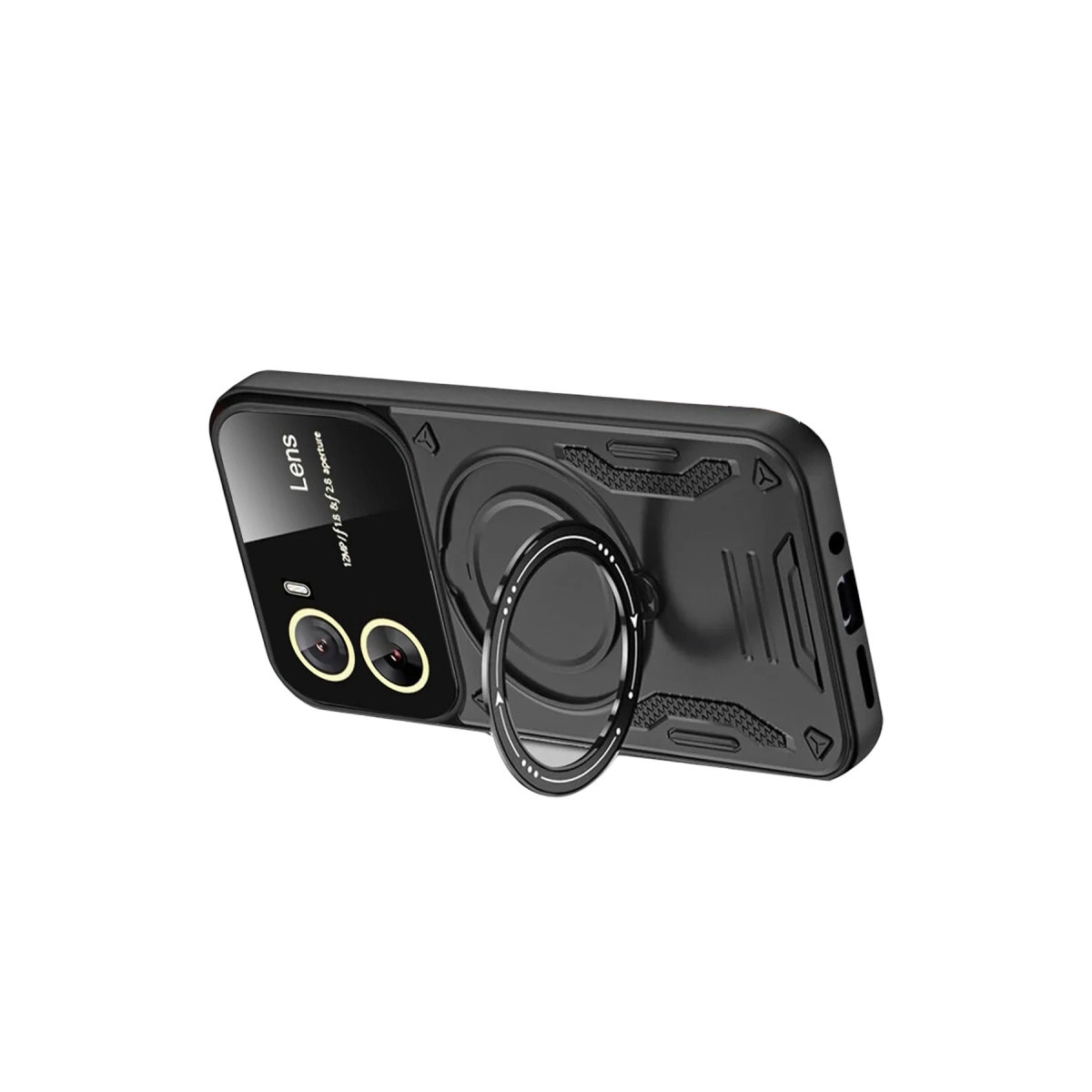 Halka tutuculu siyah telefon kılıfı, iki kamera lensi ve yazı.
