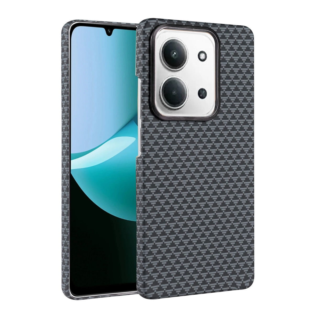 Karbon desenli kılıflı ve kamera birimli koyu renkli telefon.