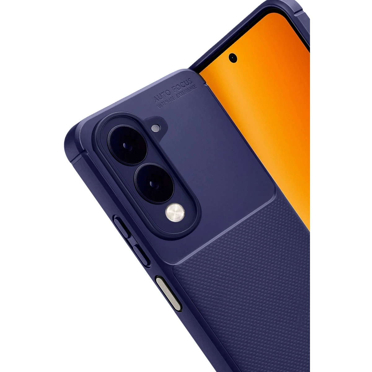 Kameralı ve turuncu ekranlı lacivert telefon kılıfı.