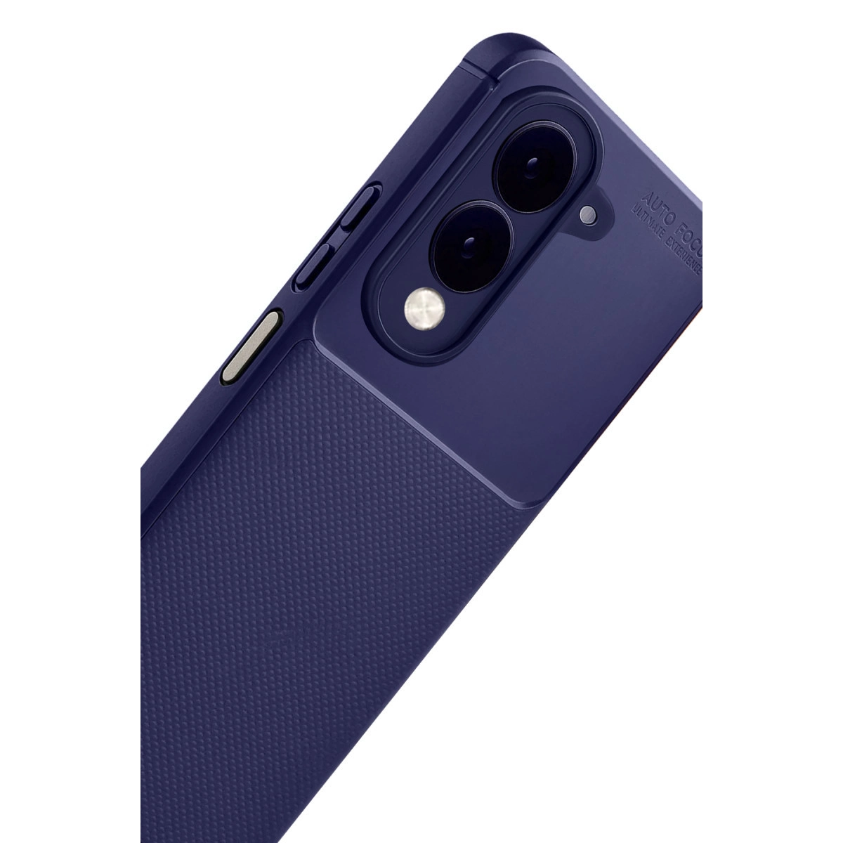 Çift kameralı, dokulu arka yüzeye sahip lacivert telefon.
