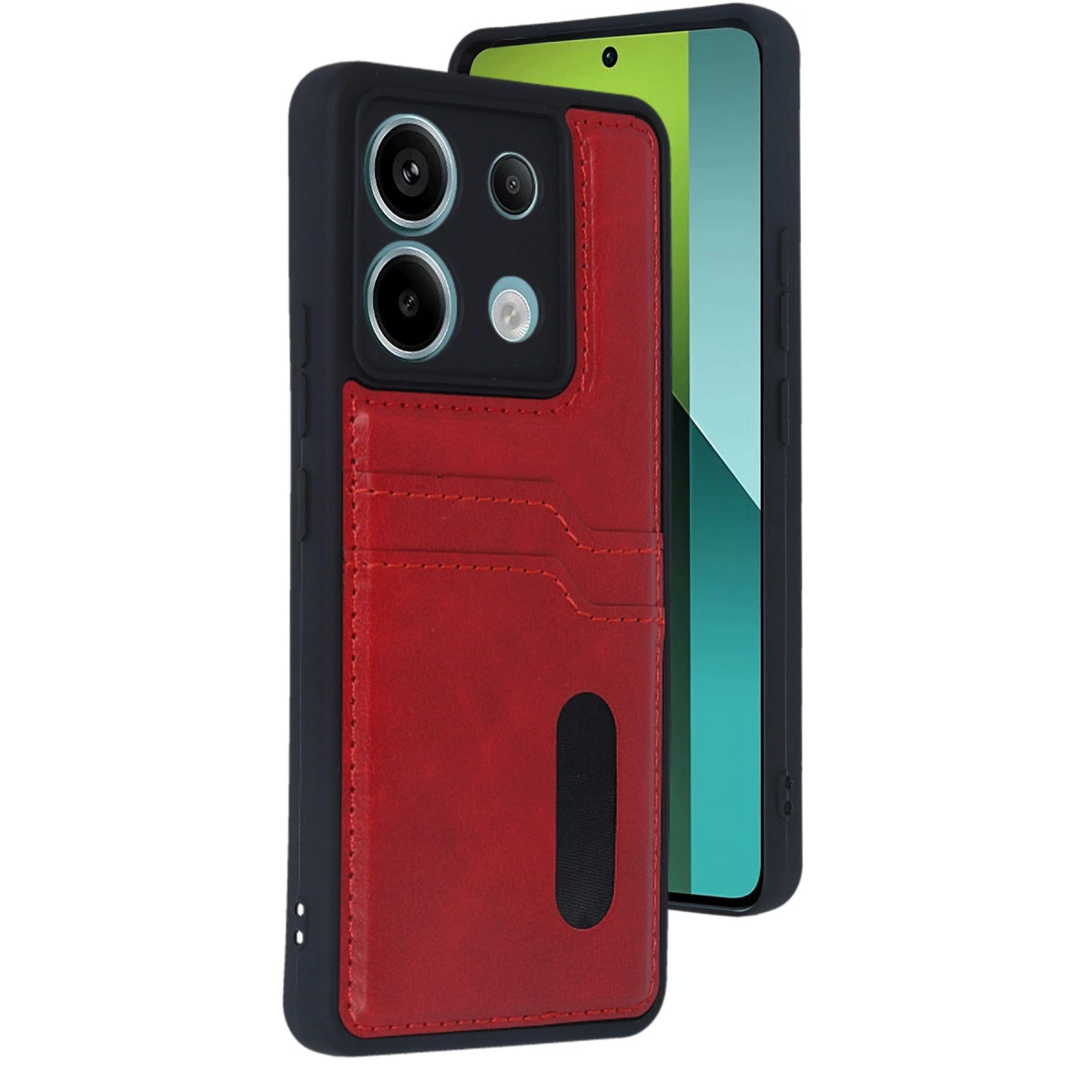 Kart yuvalı ve kamera kesimli kırmızı telefon kılıfı, yanında bir akıllı telefon.