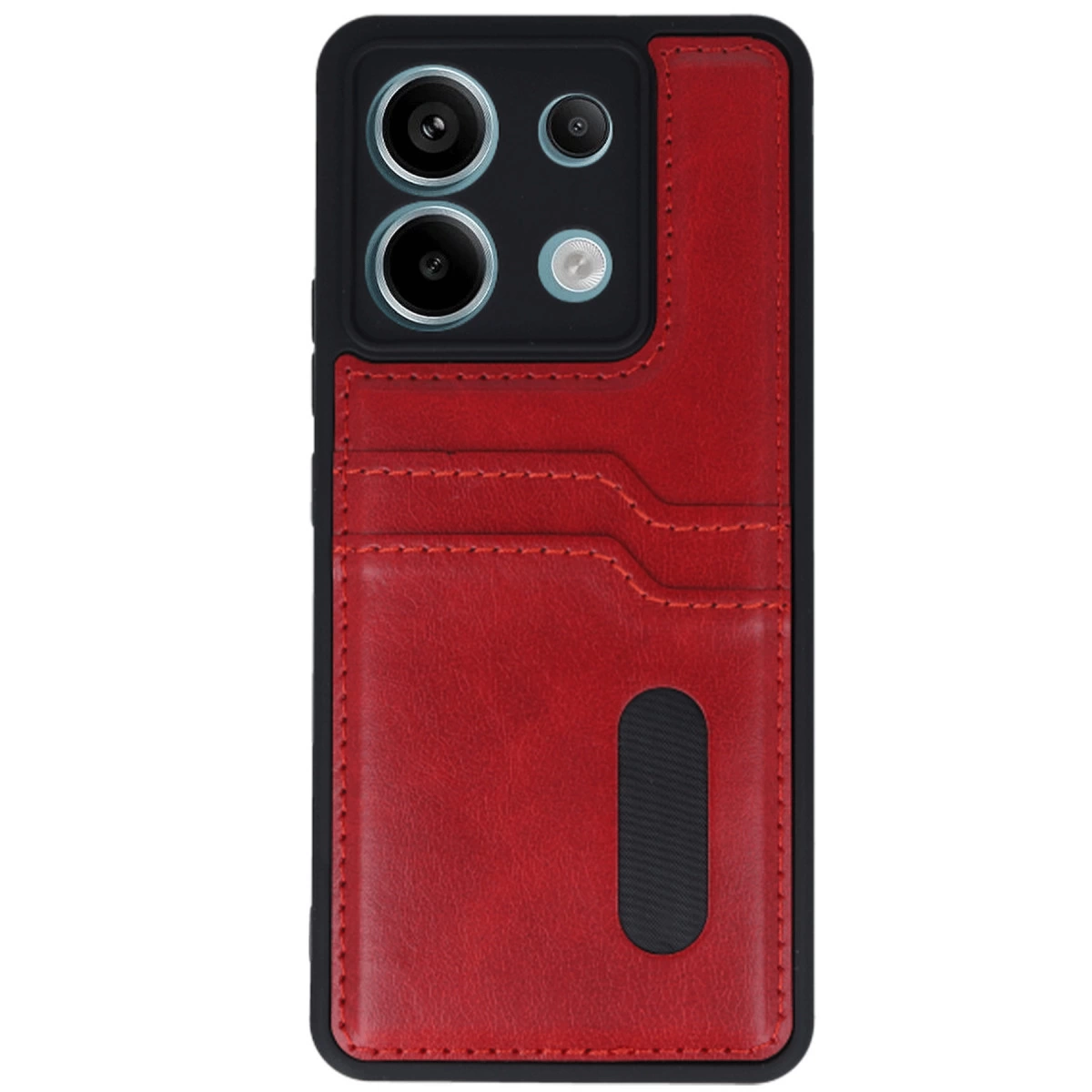 Kamera lensleri etrafında siyah çerçeveli, kart yuvalı kırmızı telefon kılıfı.