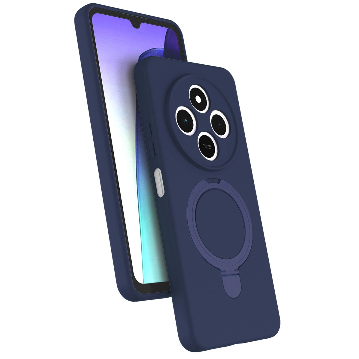 Arkada dört kamera ve halka tutucusu olan lacivert telefon.