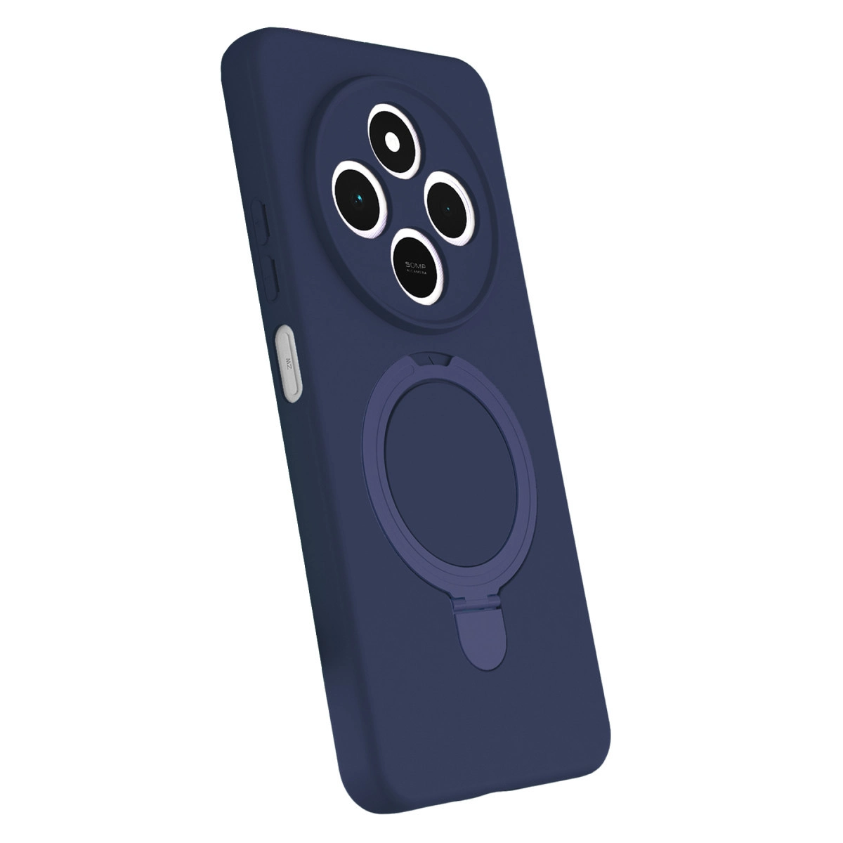 Dört kameralı ve halka tutuculu lacivert telefon kılıfı.